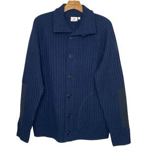 AG Adriano Goldschmied Cardigan Sweater Mens M Blue Ribbed Elbow Patch Wool NEW
